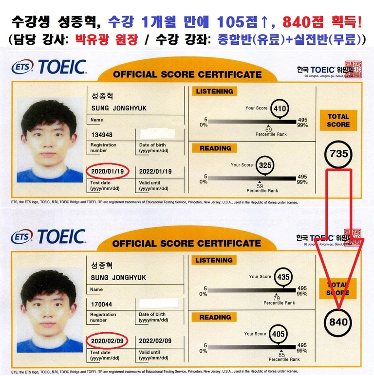 수강생 성종혁 토익 성적표